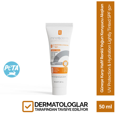 Mineaderm Kapatıcılı Güneş Koruma Nem Dengeleyici; beyaz tüp ambalajda, turuncu detaylı 50 ml renkli güneş kremi. Renkli yapısı sayesinde cilt kusurlarını kapamaya yardımcı olurken, maksimum geniş spektrumlu UVA ve UVB koruması sağlar. Güneş kaynaklı cilt problemlerine karşı korumayı destekler, hafif dokusuyla kolayca emilir ve cildin daha dengeli, pürüzsüz ve eşit tonda görünmesine katkıda bulunur.
