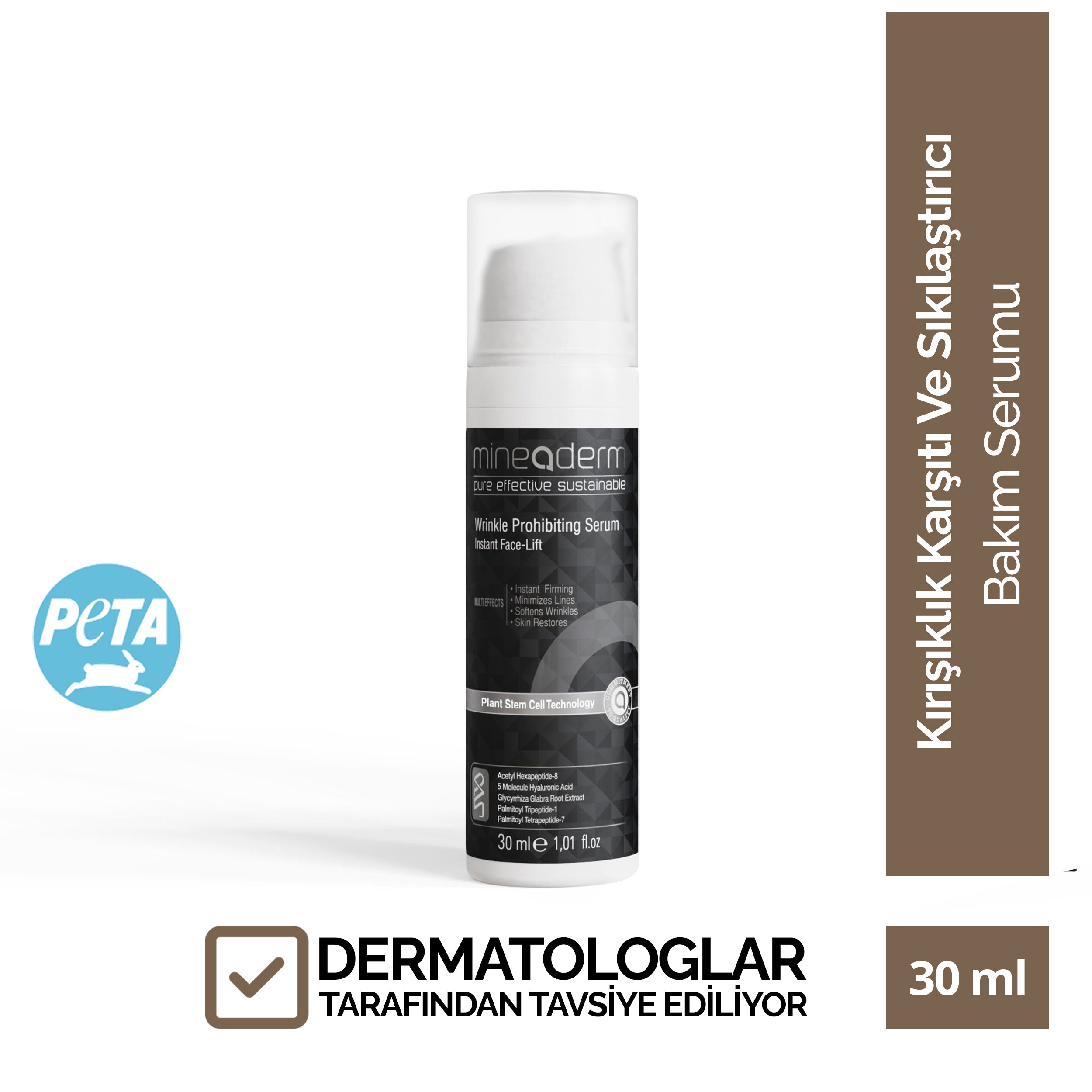 Mineaderm Kırışıklık Karşıtı ve Sıkılaştırıcı Bakım Serumu; beyaz, silindirik şişede koyu gri etiketli ve şeffaf koruyucu kapaklı, 30 ml serum. Cildin sıkılaşmasına yardımcı olur; ince çizgi ve kırışıklıkların görünümünü azaltmayı destekler.
