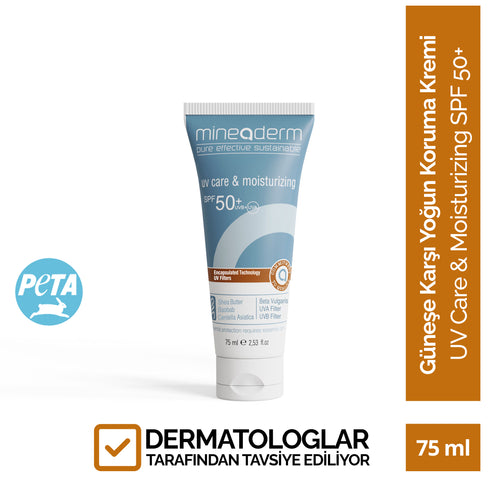 Mineaderm Güneş Koruma Yaşlanma Karşıtı Nemlendirici; beyaz tüp ambalajda, mavi detaylı 75 ml güneş kremi. Hafif ve kolay emilen formülüyle cildi nemlendirir ve yumuşatır. UVA ve UVB ışınlarından kaynaklı erken yaşlanma belirtilerine karşı koruma sağlamaya yardımcı olurken, cildin savunma bariyerini güçlendirmeyi destekler ve günlük kullanım için uygundur.
