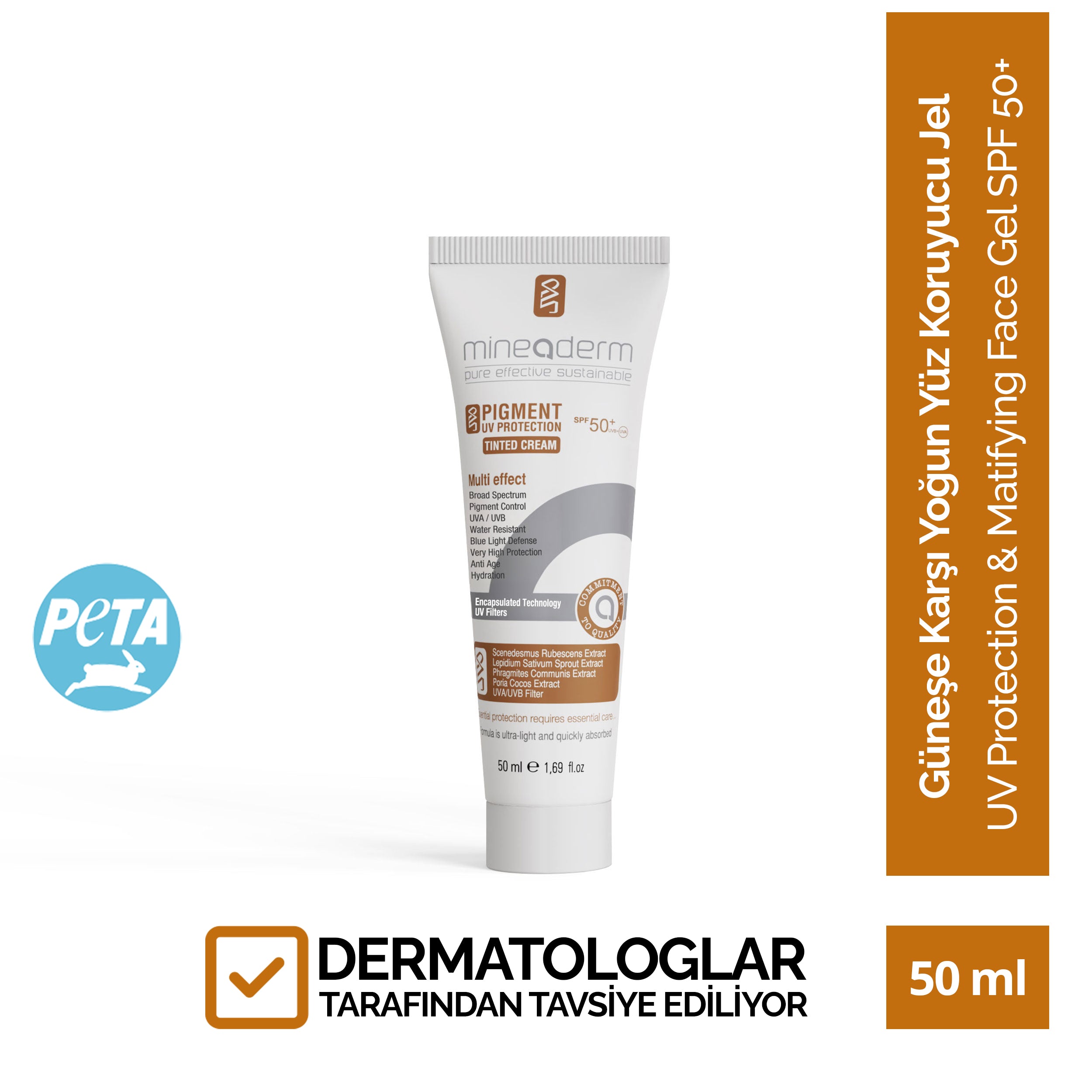 Mineaderm Güneş Lekesi Karşıtı Leke Oluşumu Önleyici Güneş Koruyucu; 50 ml beyaz tüp ambalajda, kahverengi ve gri detaylı güneş kremi. Güneş ışınlarından kaynaklanan erken yaşlanma belirtileri ve cilt lekelerine karşı etkili koruma sağlamak üzere formüle edilmiştir. UVA ve UVB koruması sunarak güneş lekelerinin oluşumunu engellemeye yardımcı olur, cildin daha eşit tonlu ve sağlıklı görünmesini destekler.
