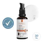 Mineaderm Liposomal Vitamin C Serum 30 ml kahverengi cam şişe; yanında serum dokusu ve dermatolojik olarak test edilmiştir rozeti. Leke karşıtı ve aydınlatıcı C vitamini yüz serumu.