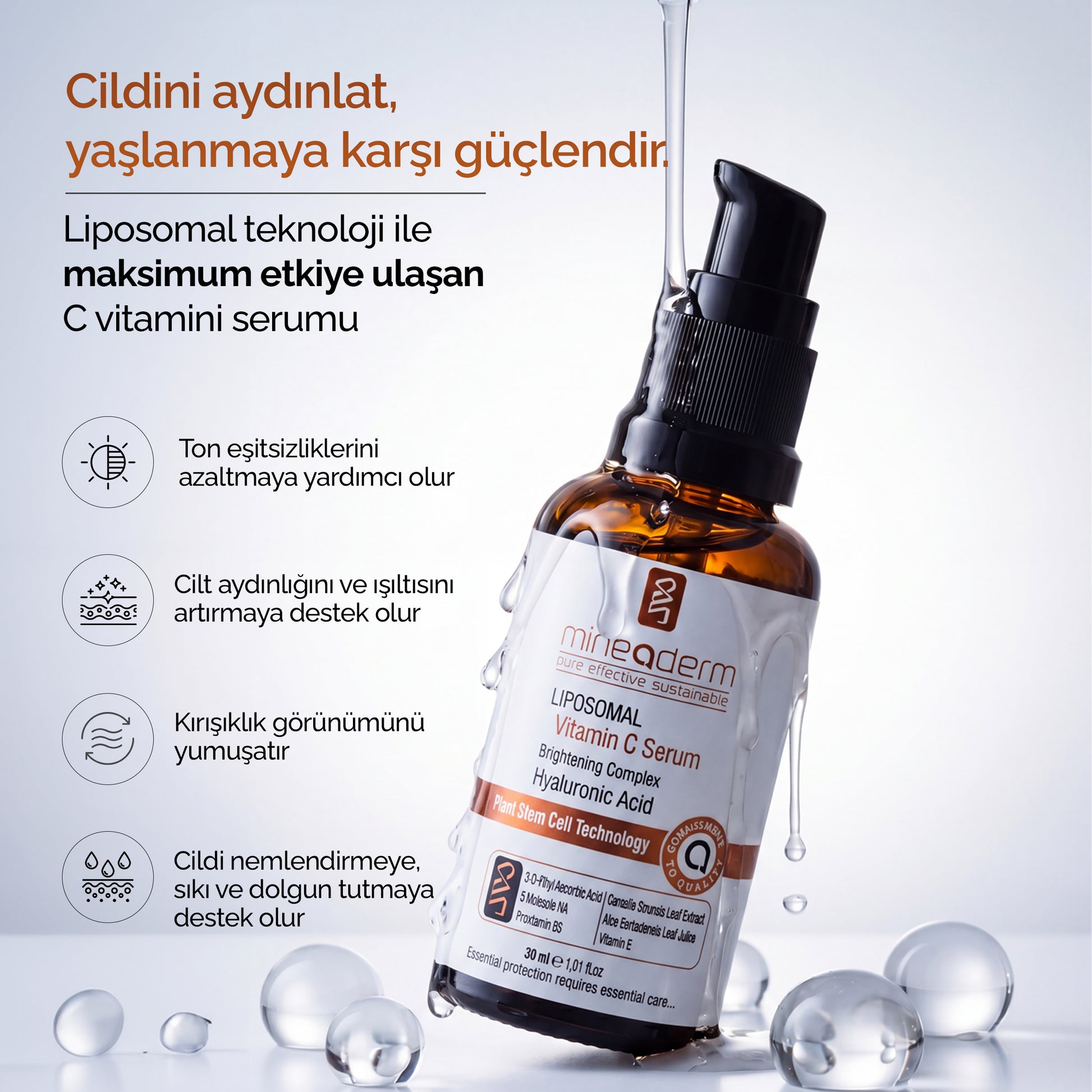 Mineaderm Liposomal Vitamin C Serum'un liposomal teknolojiyle maksimum etkiye ulaşan formülünü anlatan bilgi görseli: ton eşitleme, aydınlık, kırışıklık ve nem desteği.