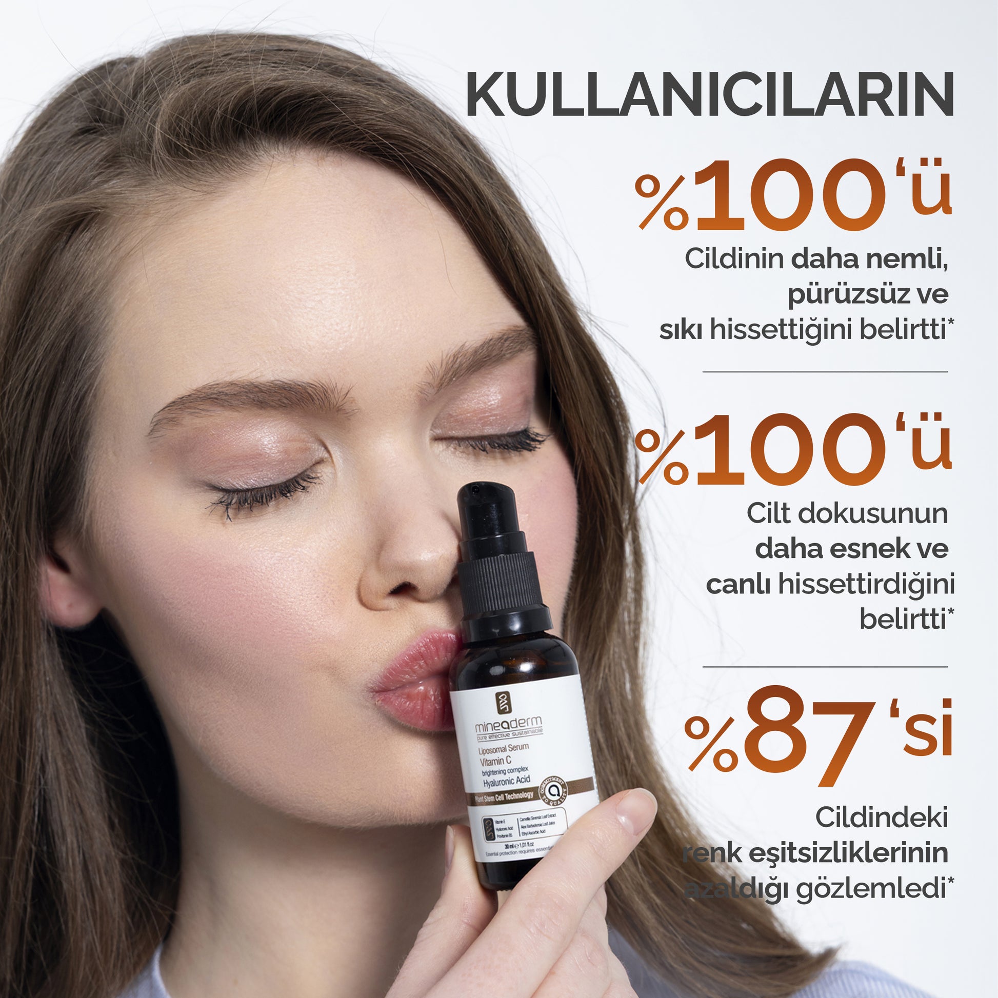 Gülümseyen bir kadın Mineaderm Liposomal Vitamin C Serum şişesini yüzünün yanında tutuyor; kullanıcı memnuniyeti cildin daha nemli, pürüzsüz ve esnek hissettiğini gösteriyor.