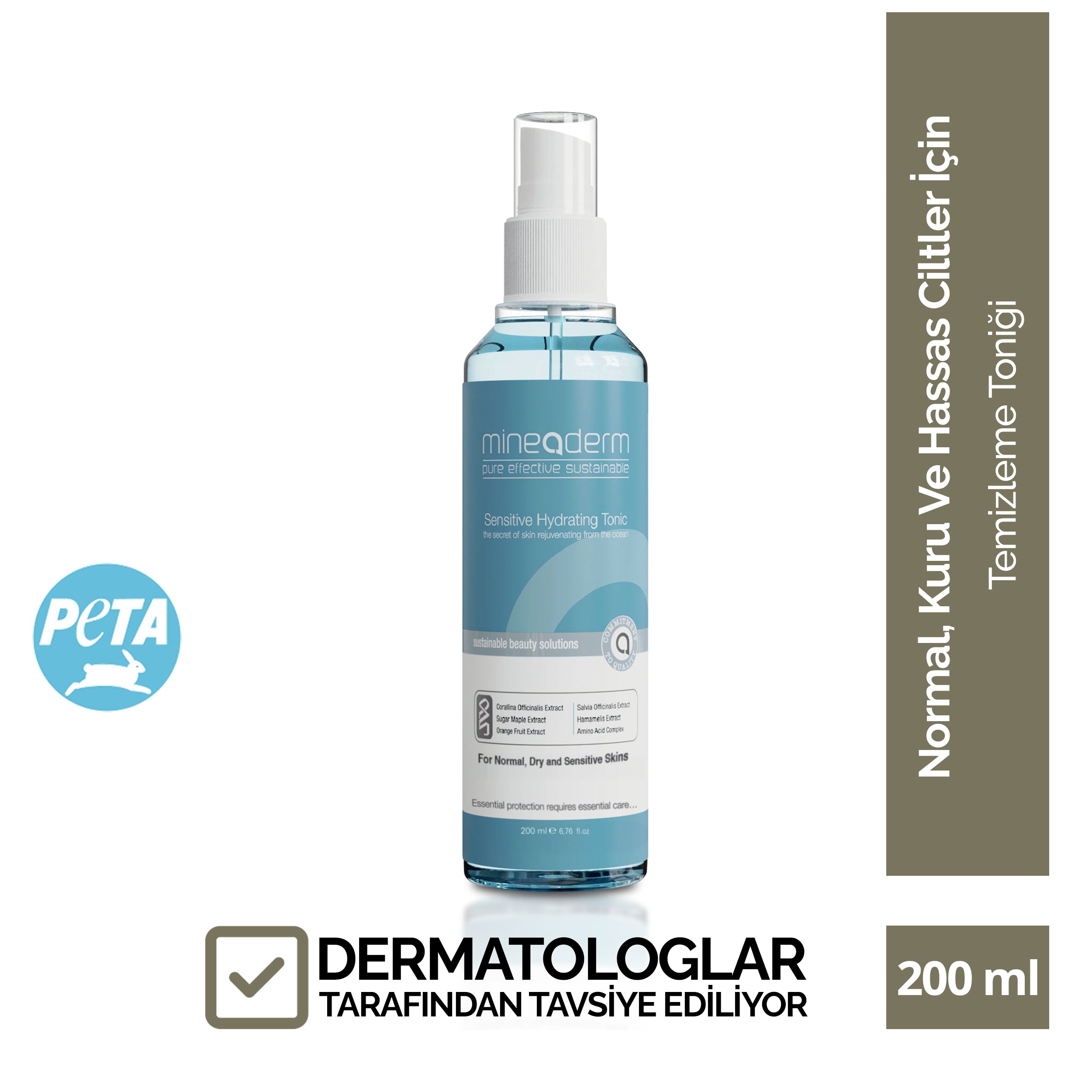 Mineaderm Arındırıcı Gözenek Sıkılaştırıcı; 200 ml mavi şişe ambalajda, beyaz, mavi ve gri detaylı tonik. Ciltteki nemi korumaya yardımcı olurken cildin tazelenmesini destekler. Yüzeyini yumuşatır, gözeneklerin sıkılaşmasına katkıda bulunur ve cilde dengeli, ferah bir görünüm kazandırır.
