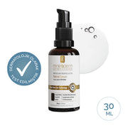 Mineaderm Molecular Encapsulation Retinol Serum 30 ml kahverengi cam şişe; yanında krem dokusu ve dermatolojik olarak test edilmiştir rozeti. İnce çizgi ve kırışıklık karşıtı bakım serumu.