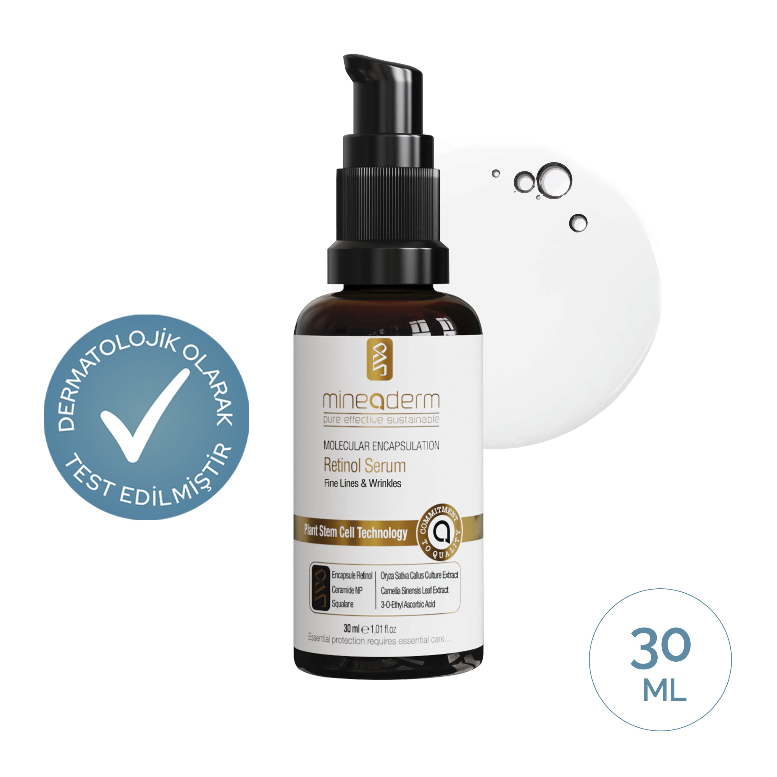 Mineaderm Molecular Encapsulation Retinol Serum 30 ml kahverengi cam şişe; yanında krem dokusu ve dermatolojik olarak test edilmiştir rozeti. İnce çizgi ve kırışıklık karşıtı bakım serumu.