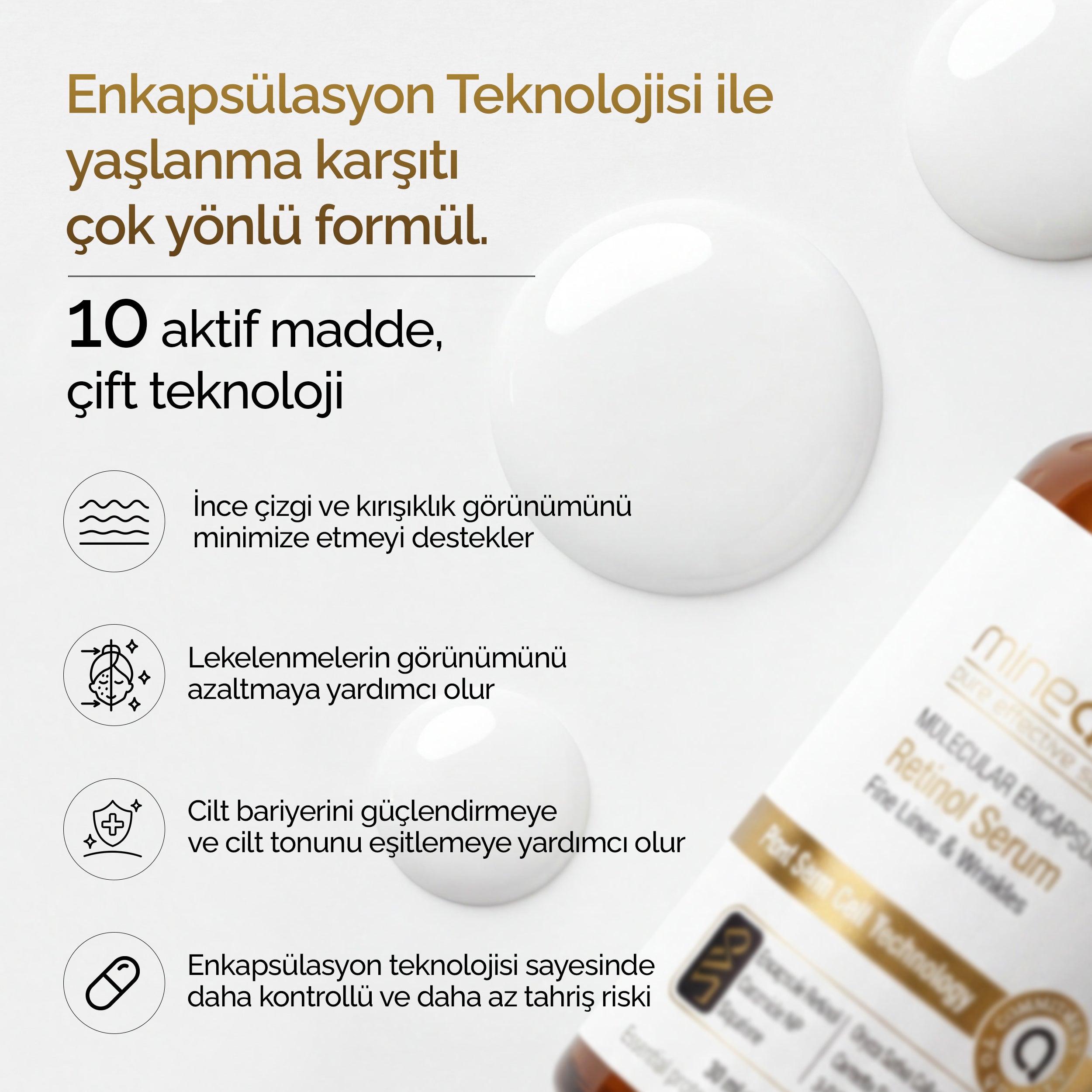 Mineaderm retinol serumun enkapsülasyon teknolojisini ve 10 aktif maddeli çift teknolojili formülünü anlatan bilgi görseli: ince çizgi, leke ve cilt bariyeri desteği.