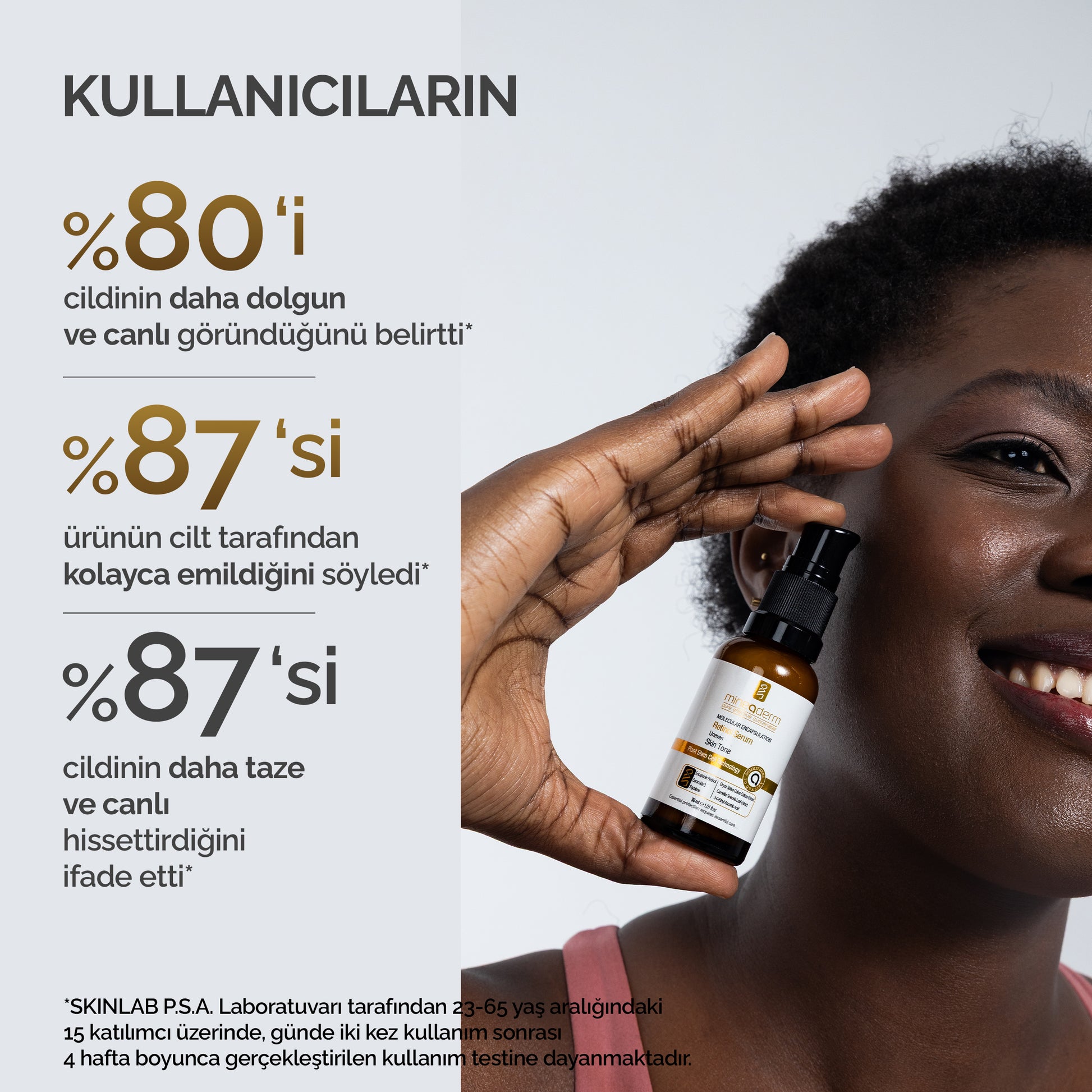 Gülümseyen bir kadın Mineaderm retinol serumu yüzünün yanında tutuyor; kullanıcı memnuniyeti sonuçları cildin daha dolgun, canlı ve taze göründüğünü gösteriyor.