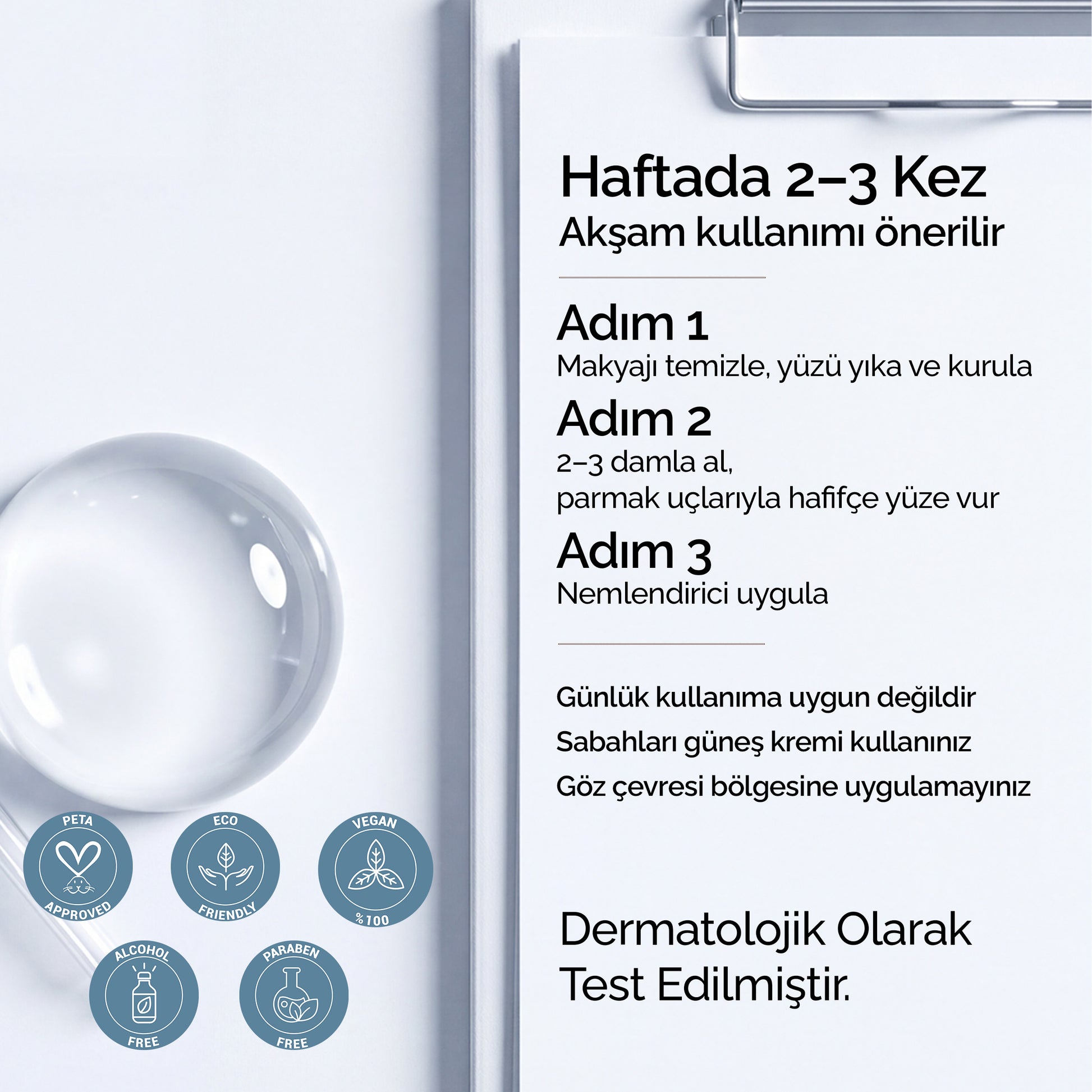 Mineaderm retinol serum kullanım yönergesi: haftada 2-3 kez akşam uygulaması, 3 adımlı rutin ve vegan, paraben içermeyen, alkolsüz rozetleri.
