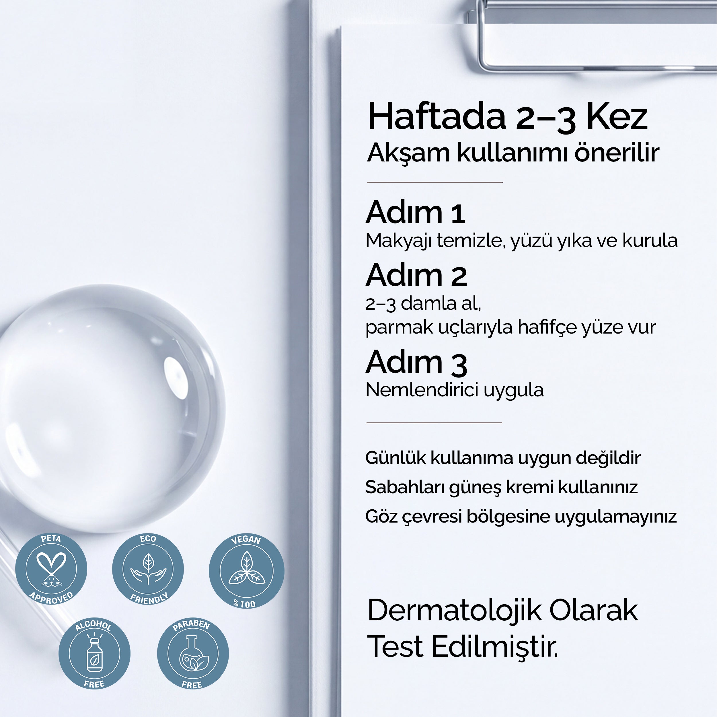 Mineaderm retinol serum kullanım yönergesi: haftada 2-3 kez akşam uygulaması, 3 adımlı rutin ve vegan, paraben içermeyen, alkolsüz rozetleri.