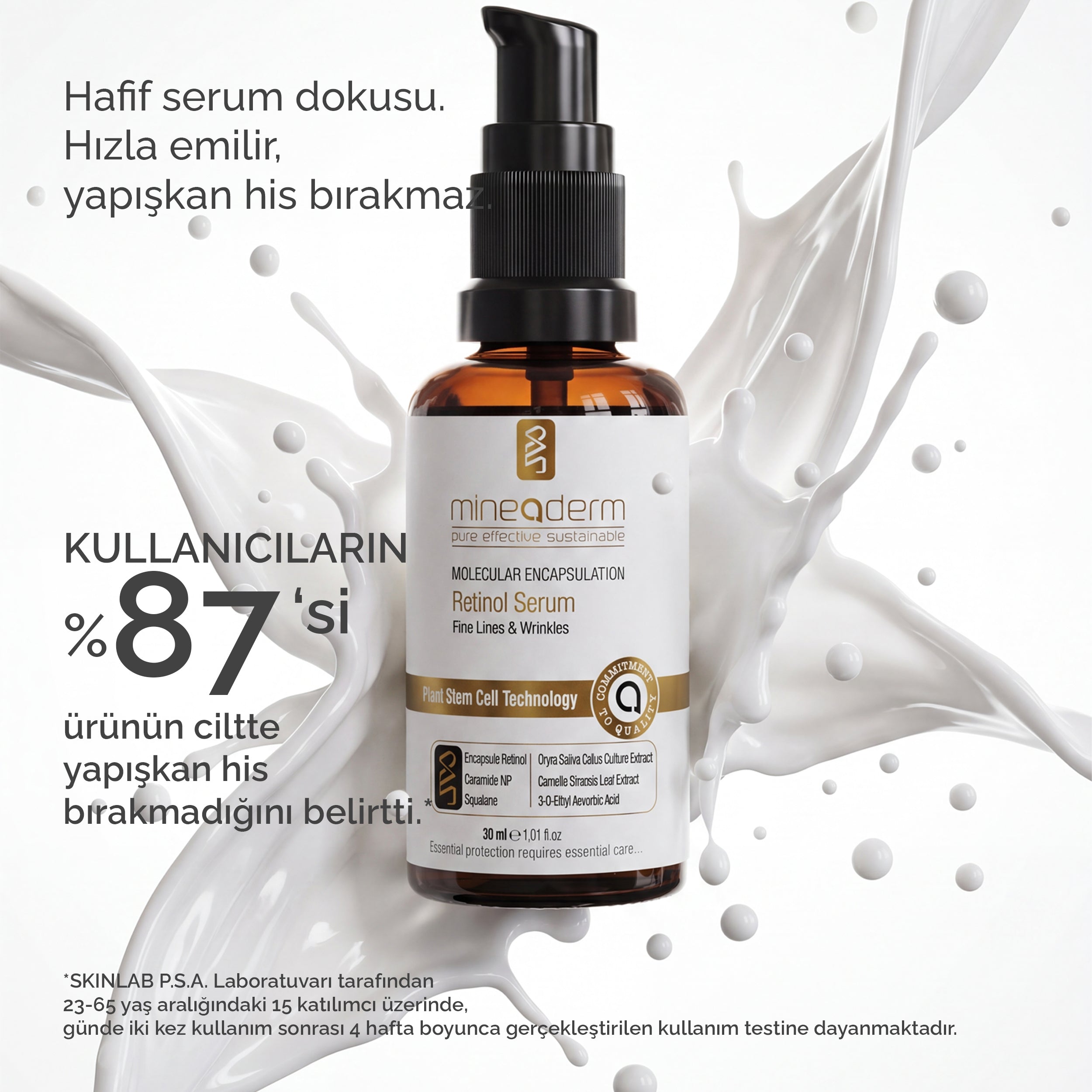 Mineaderm retinol serum şişesi süt sıçraması efektiyle; hafif dokulu, hızla emilen ve yapışkan his bırakmayan serum.