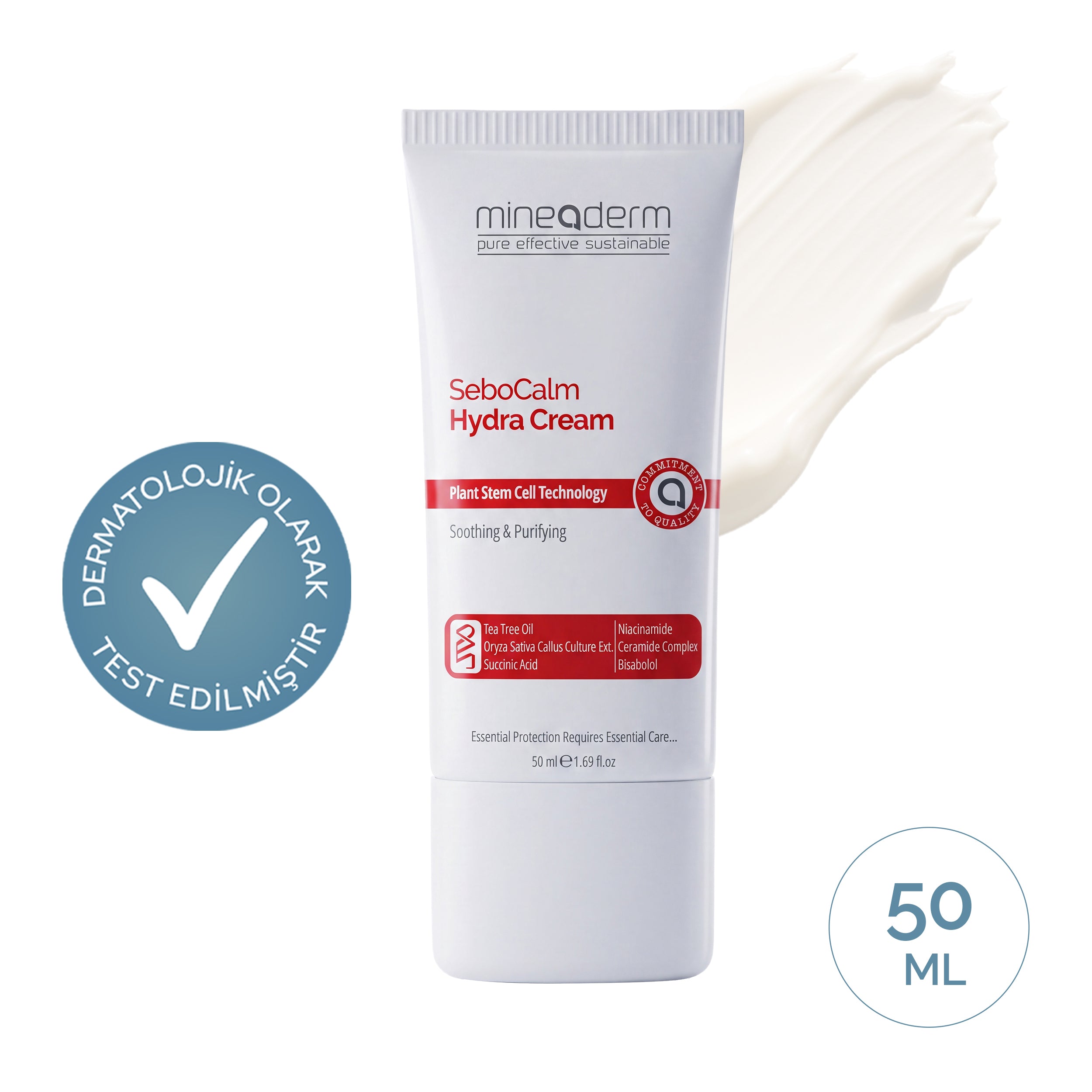 Mineaderm SeboCalm Hydra Cream 50 ml beyaz tüp ambalaj; yanında krem dokusu ve dermatolojik olarak test edilmiştir rozeti. Hassas ciltler için yağ ve nem dengeleyici bakım kremi.