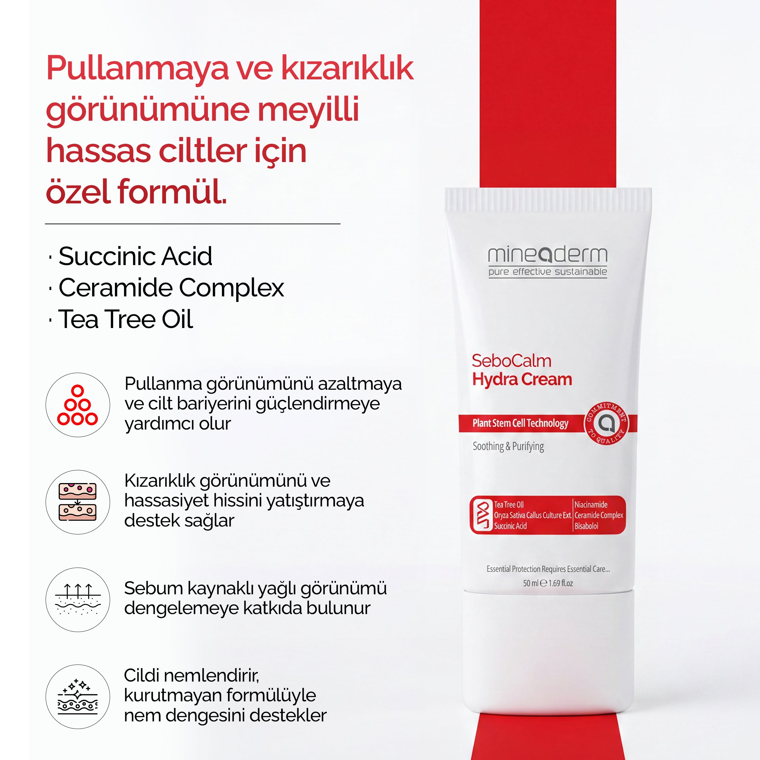 Mineaderm SeboCalm Hydra Cream'in pullanmaya ve kızarıklığa meyilli hassas ciltler için formülünü anlatan bilgi görseli: Succinic Acid, Ceramide Complex ve Tea Tree Oil içeriği.