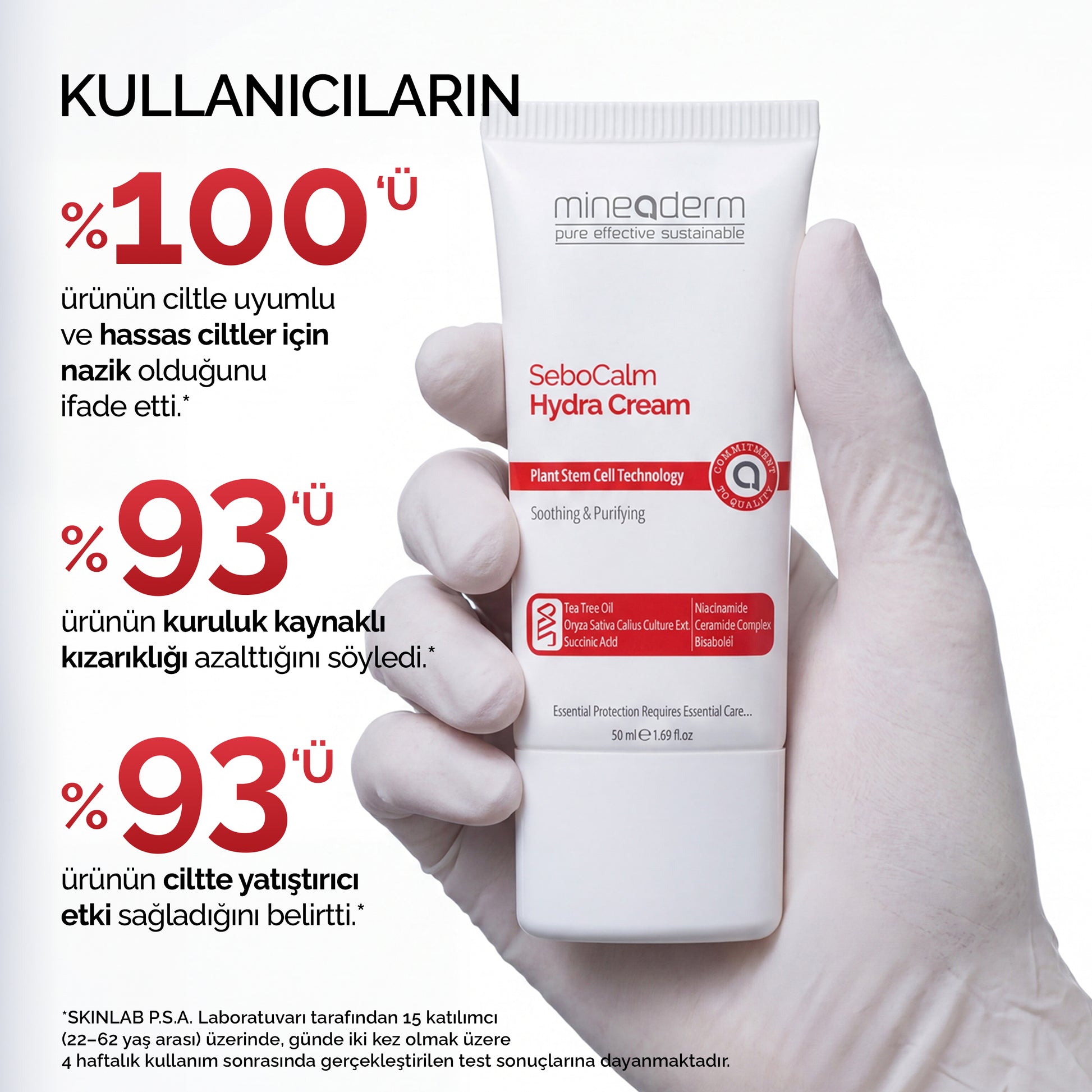 Eldivenli bir el Mineaderm SeboCalm Hydra Cream tüpünü tutuyor; klinik kullanım testinde kullanıcıların cilt uyumu, kızarıklık ve yatıştırıcı etki memnuniyeti sonuçları.