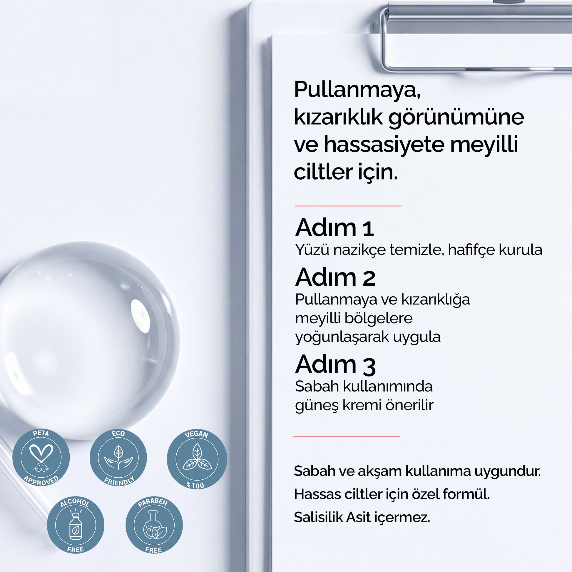 Mineaderm SeboCalm Hydra Cream kullanım yönergesi: 3 adımlı rutin, sabah ve akşam uygulama, salisilik asit içermez; vegan, paraben içermeyen ve alkolsüz rozetleri.