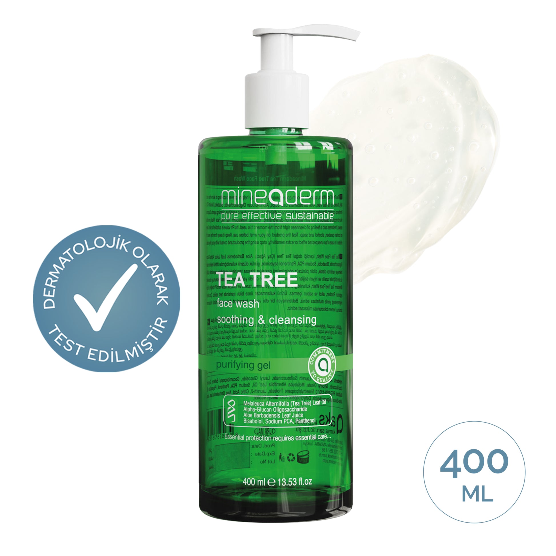 Mineaderm Tea Tree Face Wash 400 ml yeşil pompalı şişe; yanında jel dokusu ve dermatolojik olarak test edilmiştir rozeti. Akneye eğilimli ciltler için sebum düzenleyici yüz temizleme jeli.