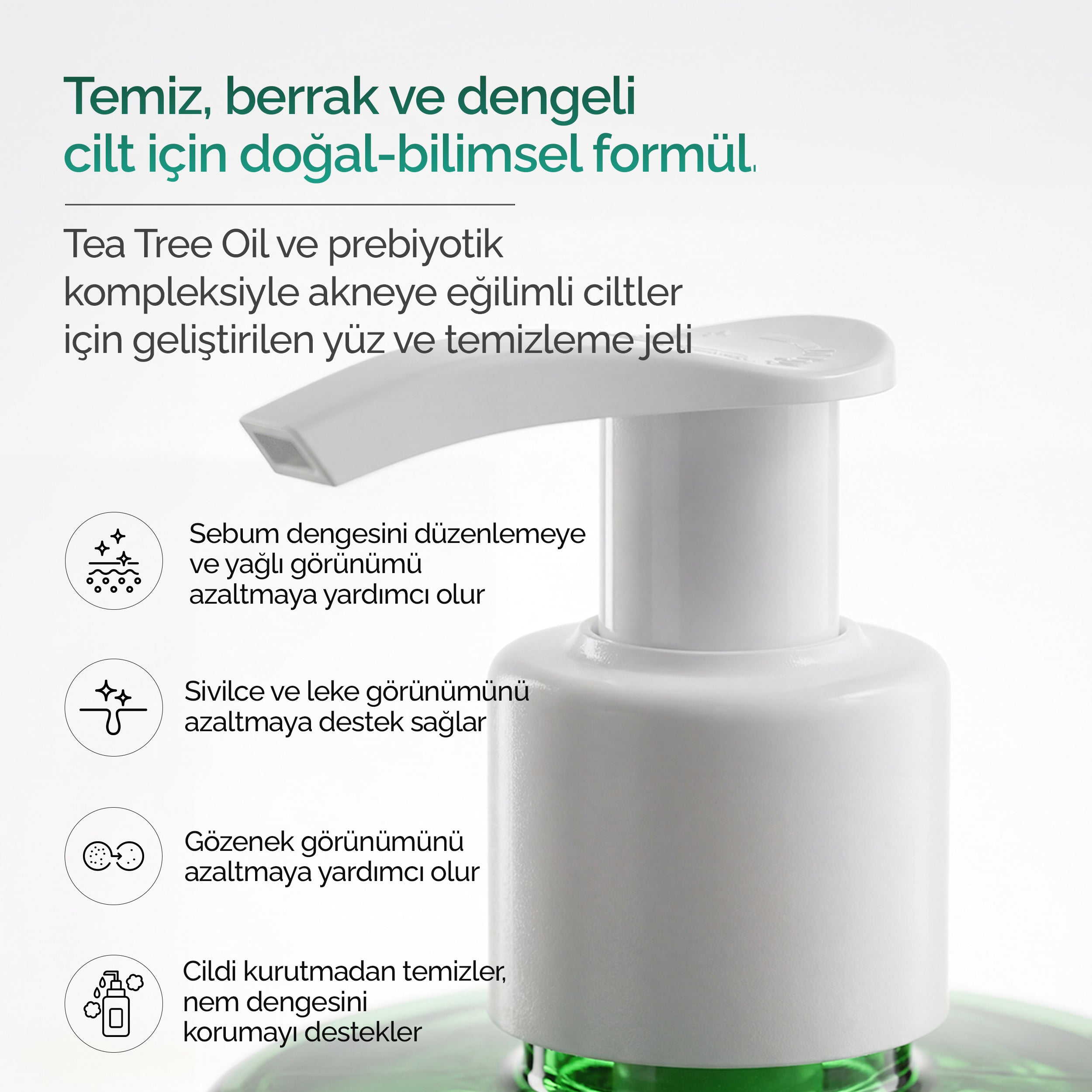 Mineaderm Tea Tree Face Wash 400 ml'in akneye eğilimli ciltler için Tea Tree Oil ve prebiyotik kompleksli formülünü anlatan bilgi görseli: sebum dengesi, sivilce ve gözenek görünümü desteği.