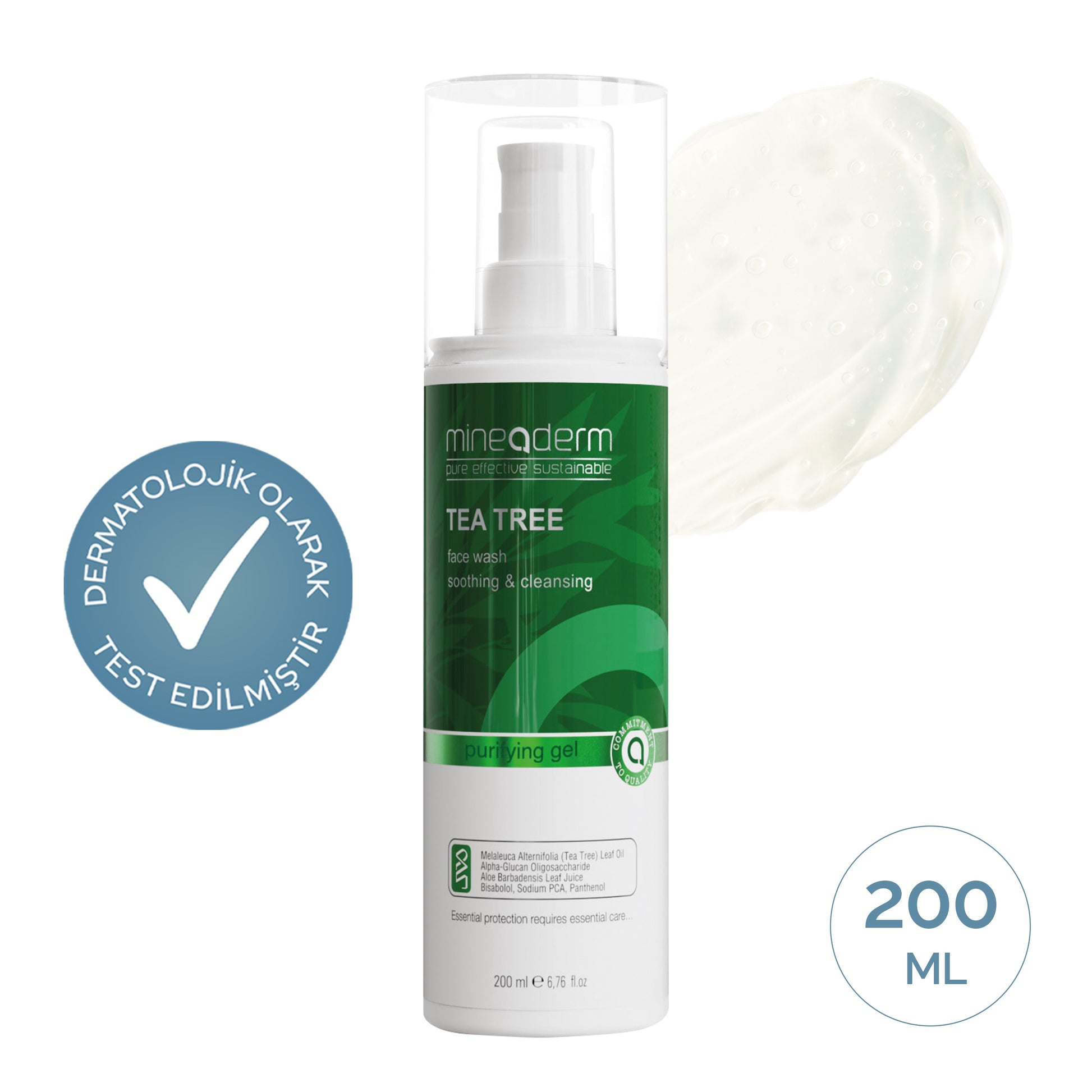 Mineaderm Tea Tree Face Wash 200 ml beyaz pompalı şişe; yanında jel dokusu ve dermatolojik olarak test edilmiştir rozeti. Akneye eğilimli ciltler için sebum düzenleyici yüz temizleme jeli.