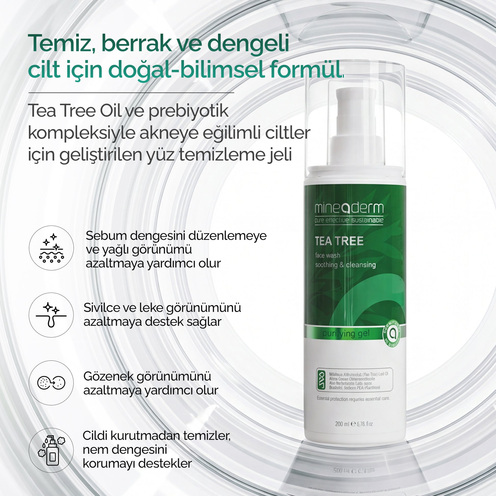Mineaderm Tea Tree Face Wash'un akneye eğilimli ciltler için Tea Tree Oil ve prebiyotik kompleksli formülünü anlatan bilgi görseli: sebum dengesi, sivilce ve gözenek görünümü desteği.