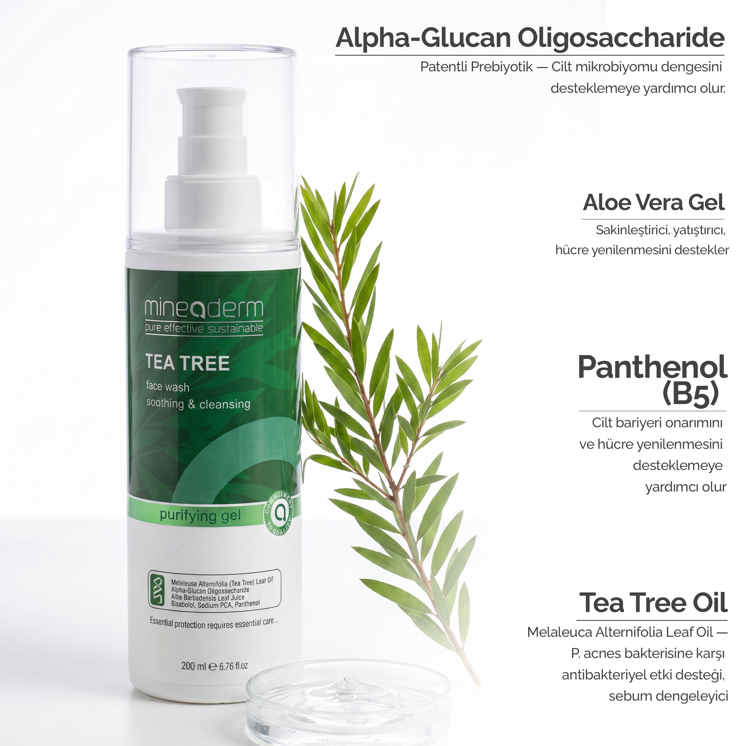 Mineaderm Tea Tree Face Wash'un içerik görseli: Alpha-Glucan Oligosaccharide prebiyotiği, Aloe Vera Gel, Panthenol (B5) ve Tea Tree Oil etken maddeleri.