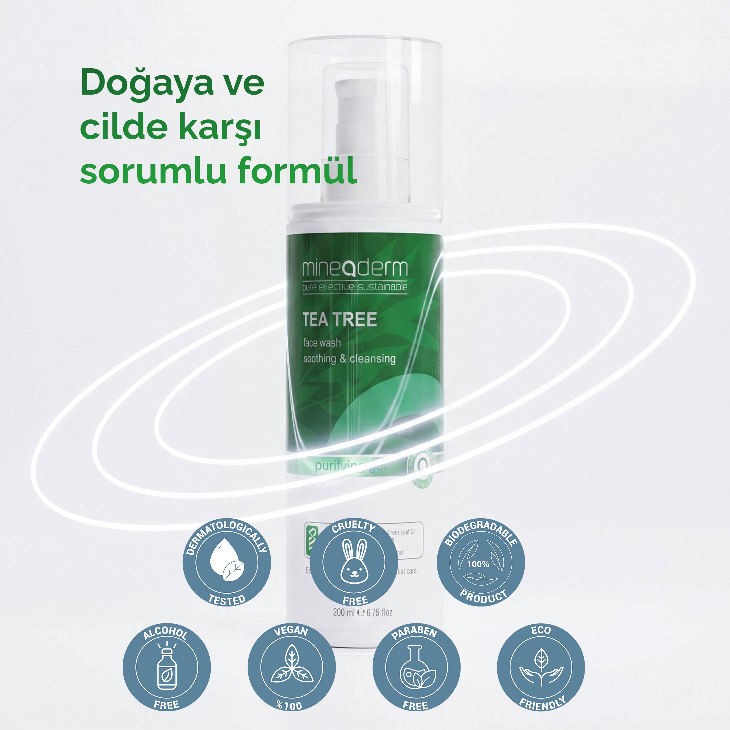 Mineaderm Tea Tree Face Wash'un doğaya ve cilde karşı sorumlu formül rozetleri: dermatolojik test, cruelty free, biyolojik olarak parçalanabilir, alkolsüz, vegan, paraben içermez ve eco friendly.