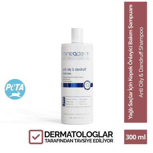 Mineaderm Kepek Karşıtı Nemlendirici Yağlanma Karşıtı; 300 ml beyaz şişe ambalajda, mavi detaylı şampuan. Kepek oluşumunu önlemeye yardımcı olurken saçın nemini korur ve kurumasını engeller. Pullanma ve aşırı yağlanmayı kontrol altına almayı destekler, saçın daha sağlıklı, ferah ve dengeli görünmesine katkı sağlar.
