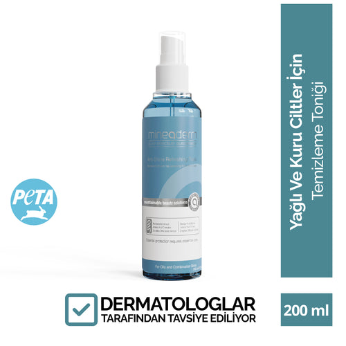 Mineaderm Yağ Dengeleyici Gözenek Sıkılaştırıcı Temizleyici; 200 ml mavi şişe ambalajda, gri ve beyaz detaylı temizleyici. Cildi kurutmadan ve tahriş etmeden derinlemesine arındırır, aşırı yağlanmayı dengelemeye yardımcı olur. Cildin tazelenmesini destekler, nem ve ferahlık kazandırarak daha pürüzsüz ve dengeli bir görünüm sağlar.
