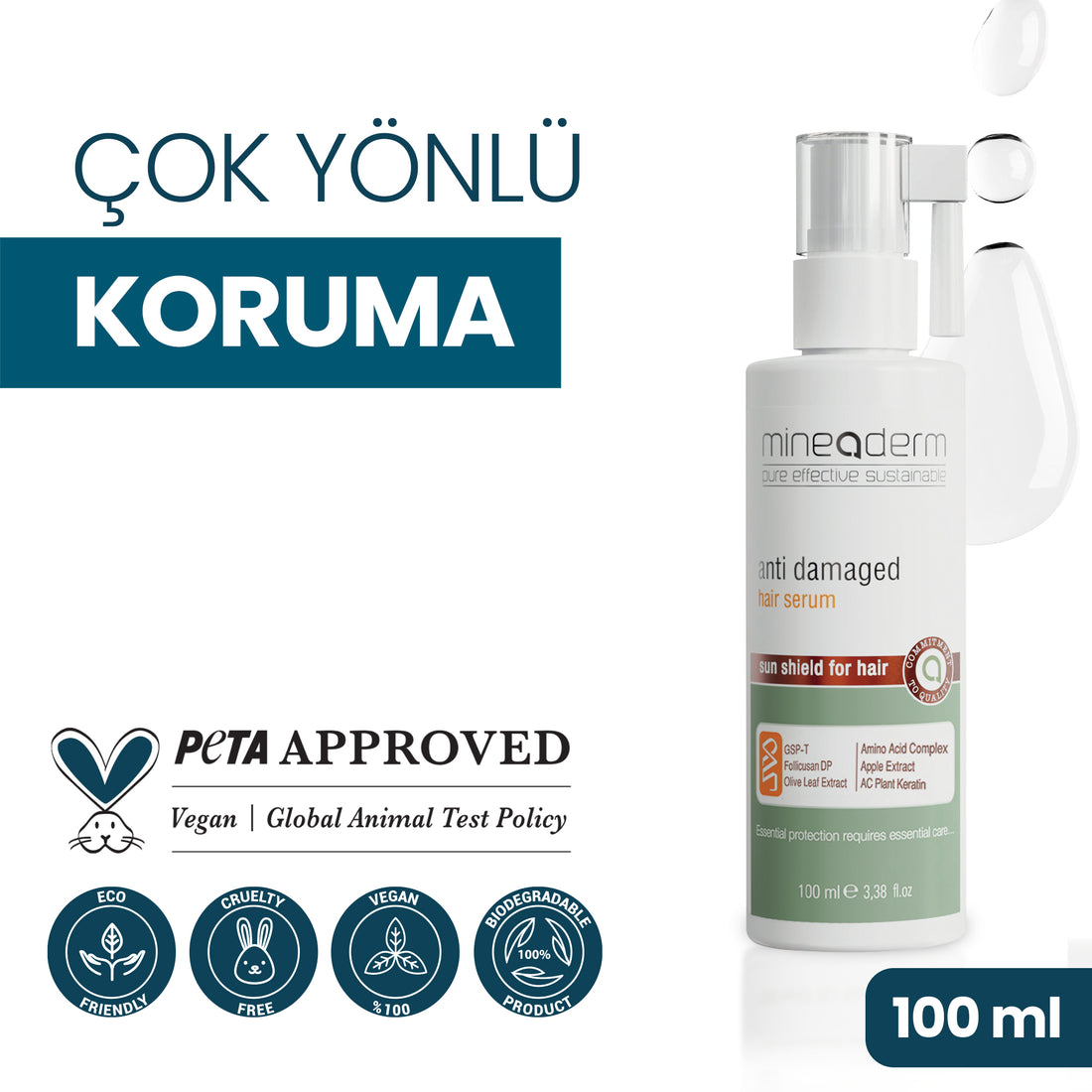 Mineaderm Canlandırıcı Isıl İşlem Koruyucu; 100 ml beyaz şişe ambalajda, yeşil ve kırmızı detaylı saç serumu. Fön, maşa gibi ısı veren şekillendiricilerin yanı sıra güneş ışınları gibi çevresel faktörlerin saçta oluşturduğu olumsuz etkilere karşı korumayı destekler. Saçı canlandırır, daha sağlıklı, parlak ve güçlü bir görünüm kazandırmaya yardımcı olur.
